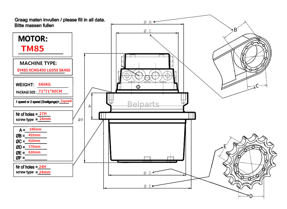 Belparts Excavator Travel Motor assy TM85 SY485 XCM490 LG950 SK480 Kobelco sany için Final Drive Assy