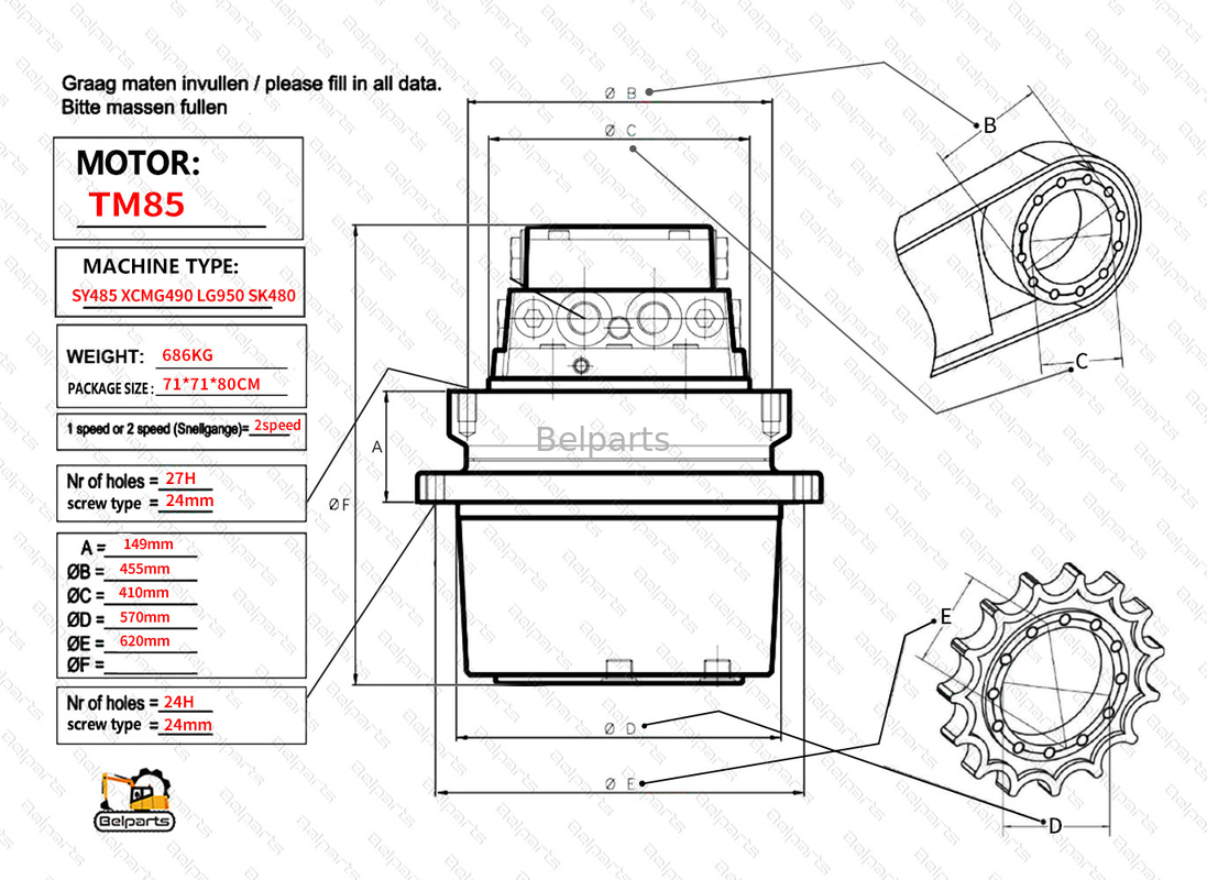 Belparts Excavator Travel Motor assy TM85 SY485 XCM490 LG950 SK480 Kobelco sany için Final Drive Assy