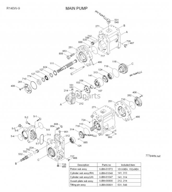 Belparts Excavator Parts Hydraulic Main Pump 31Q4-15020 Hyundai R150W-9 R140W-9 için