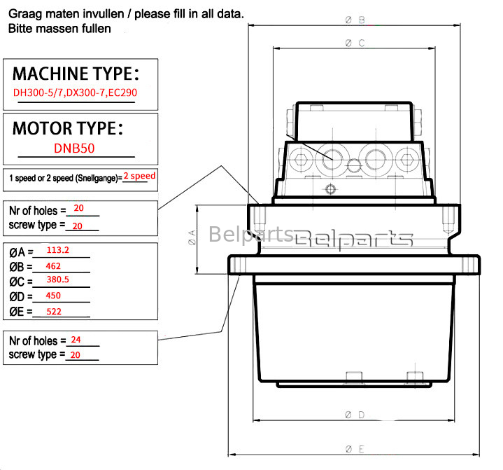 Doosan DX300-7 DH300-5 EC290 Excavator Parçaları için Seyahat Motoru Assy