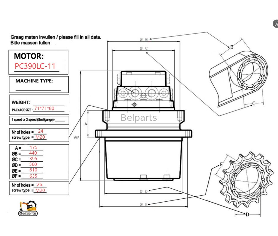 PC390LC-11 PC490LC-11 PC390-11 PC490-11 Komatsu Ekskavatör Yedek Parçaları İçin Son Tahrik 208-27-00500 Şanzımanlı Seyahat Motoru